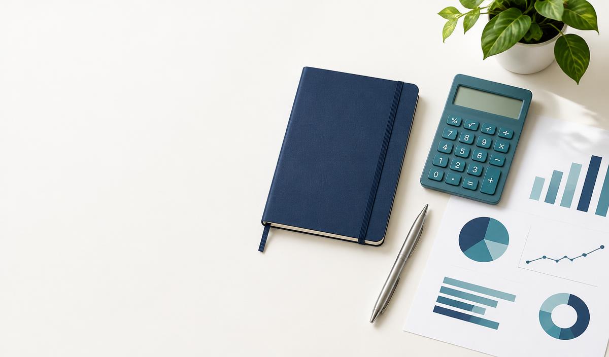 Calculator, notebook and repayment charts arranged on a bright desk